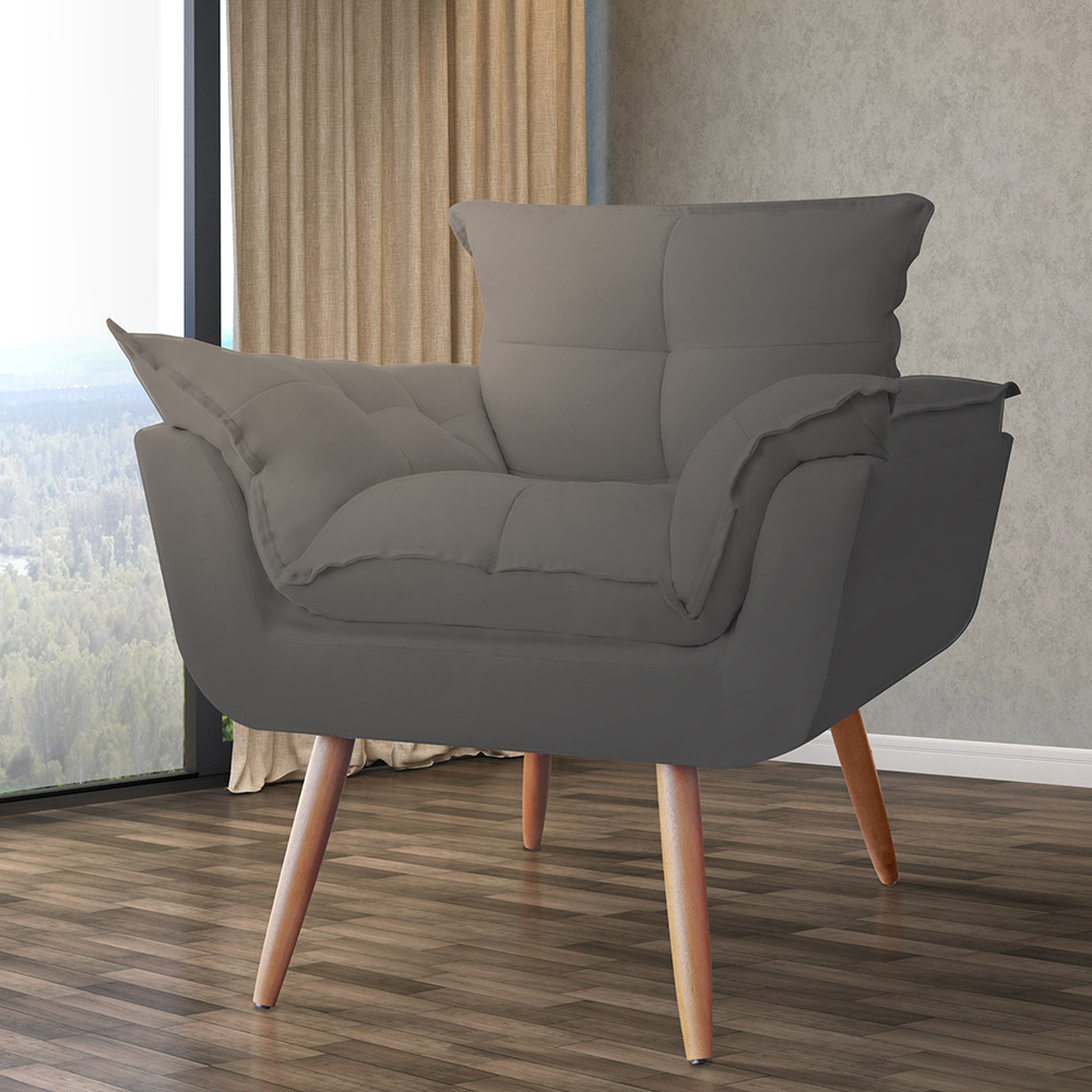 Combo 02 Poltronas Decorativa Opalla Pés Palito Suede Cinza - DS Estofados