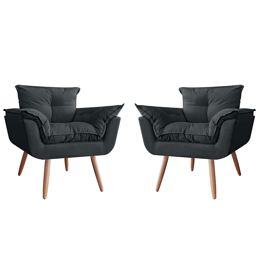 Combo 02 Poltronas Decorativa Opalla Pés Palito Suede Preto - DS Estofados