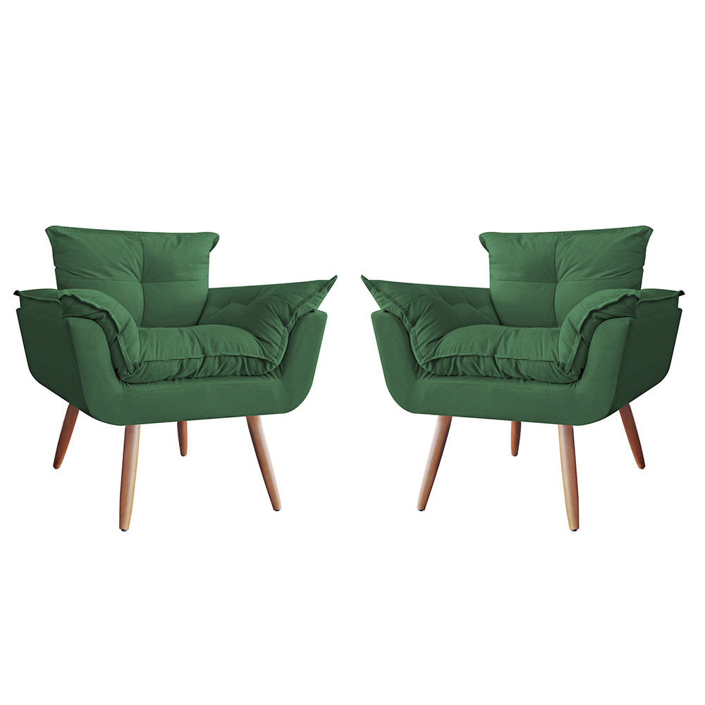 Combo 02 Poltronas Decorativa Opalla Pés Palito Suede Verde - DS Estofados