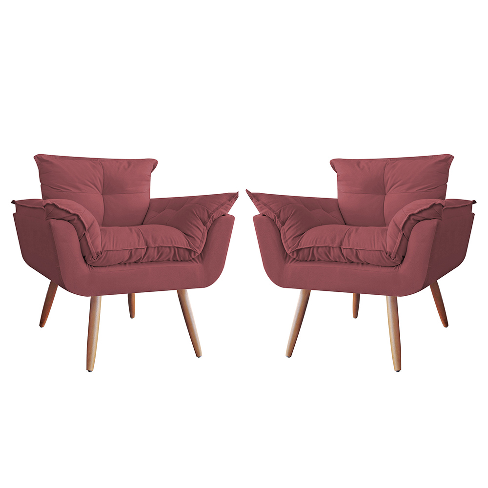 Combo 02 Poltronas Decorativa Opalla Pés Palito Suede Vermelho - DS Estofados