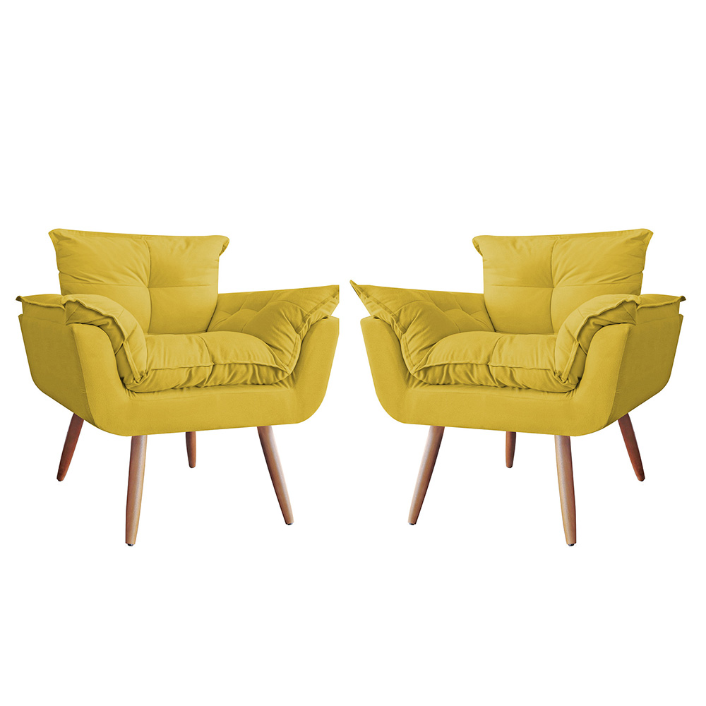 Combo 02 Poltronas Decorativa Opalla Suede Amarelo - DS Estofados