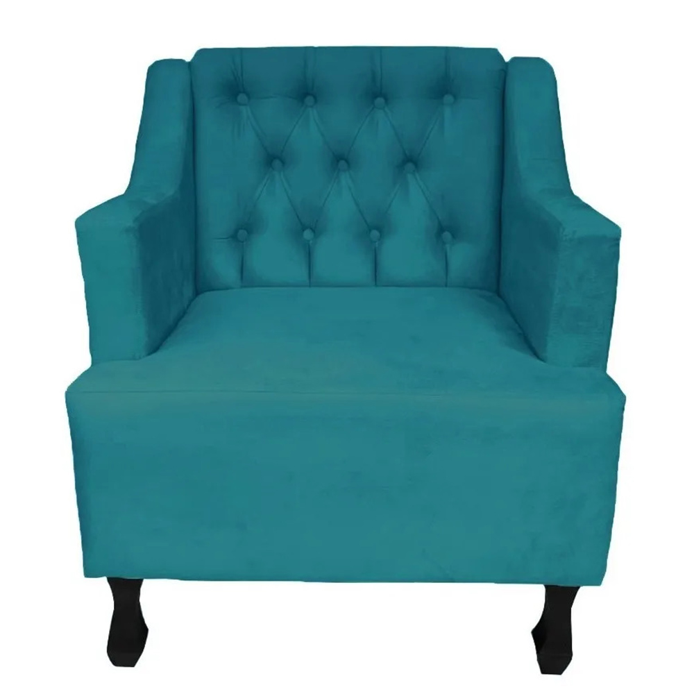 Combo 02 Poltronas Decorativa Pés Luis XV Gênises Encosto Estilo Capitonê Suede Azul Turquesa - DS Estofados