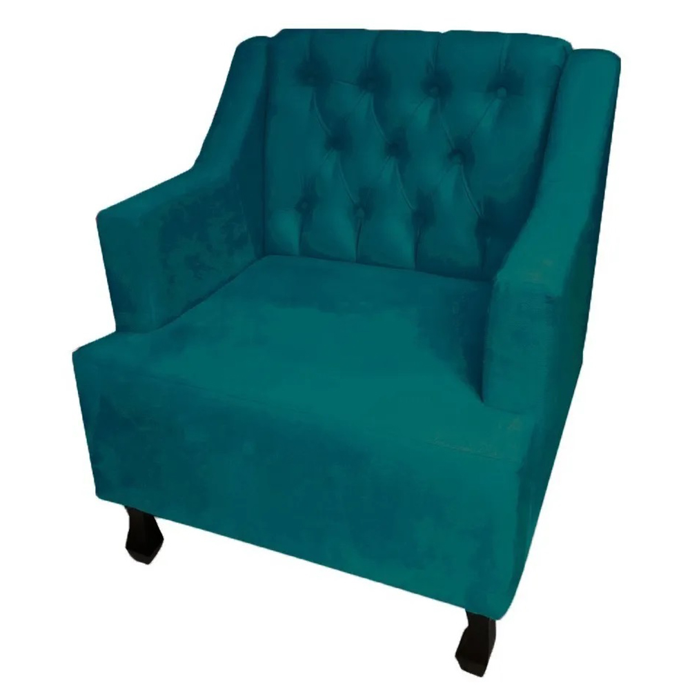 Combo 02 Poltronas Decorativa Pés Luis XV Gênises Encosto Estilo Capitonê Suede Azul Turquesa - DS Estofados