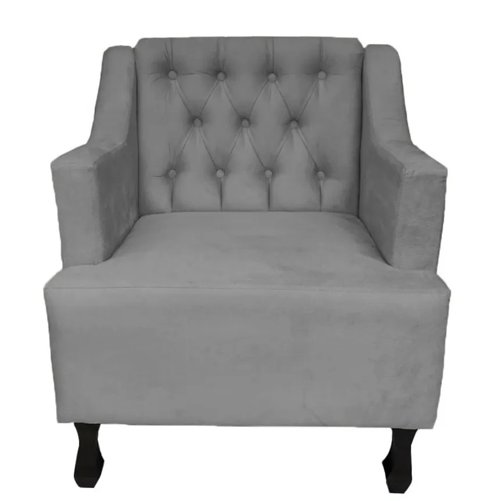 Combo 02 Poltronas Decorativa Pés Luis XV Gênises Encosto Estilo Capitonê Suede Cinza - DS Estofados