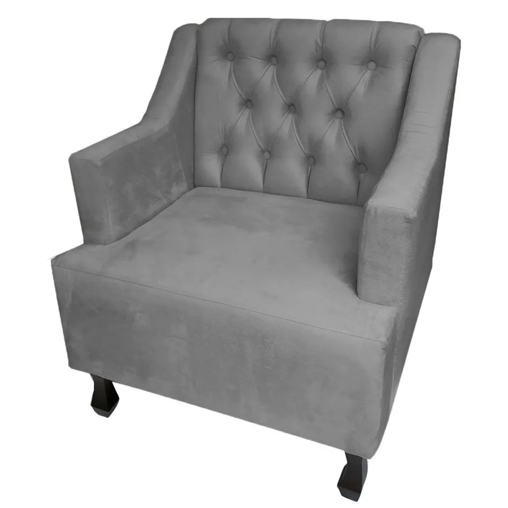 Combo 02 Poltronas Decorativa Pés Luis XV Gênises Encosto Estilo Capitonê Suede Cinza - DS Estofados
