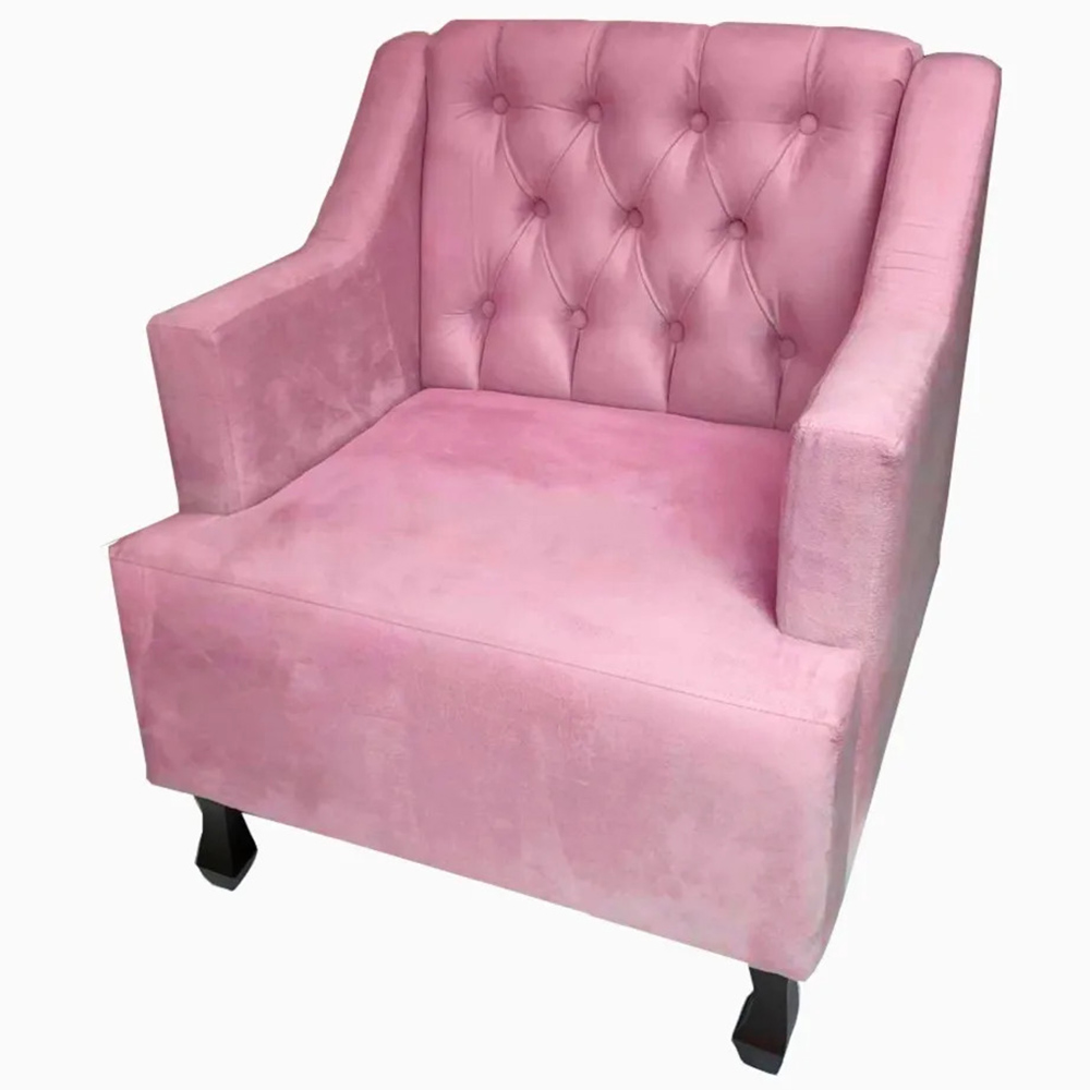 Combo 02 Poltronas Decorativa Pés Luis XV Gênises Encosto Estilo Capitonê Suede Rosa - DS Estofados