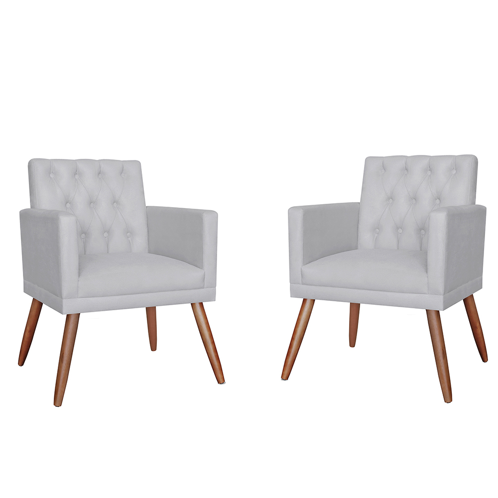 Combo 02 Poltronas Decorativa Pés Palito Nina Encosto Estilo Capitonê Branco - DS Estofados