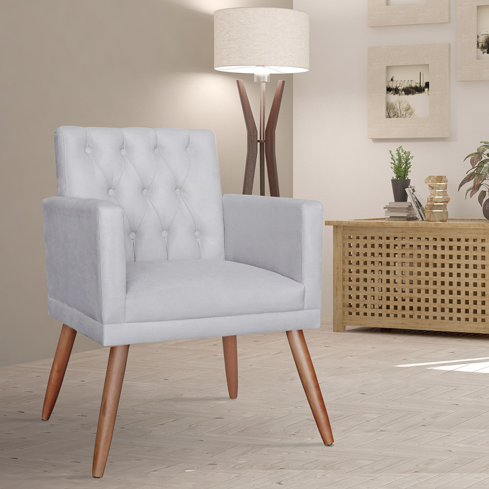 Combo 02 Poltronas Decorativa Pés Palito Nina Encosto Estilo Capitonê Branco - DS Estofados