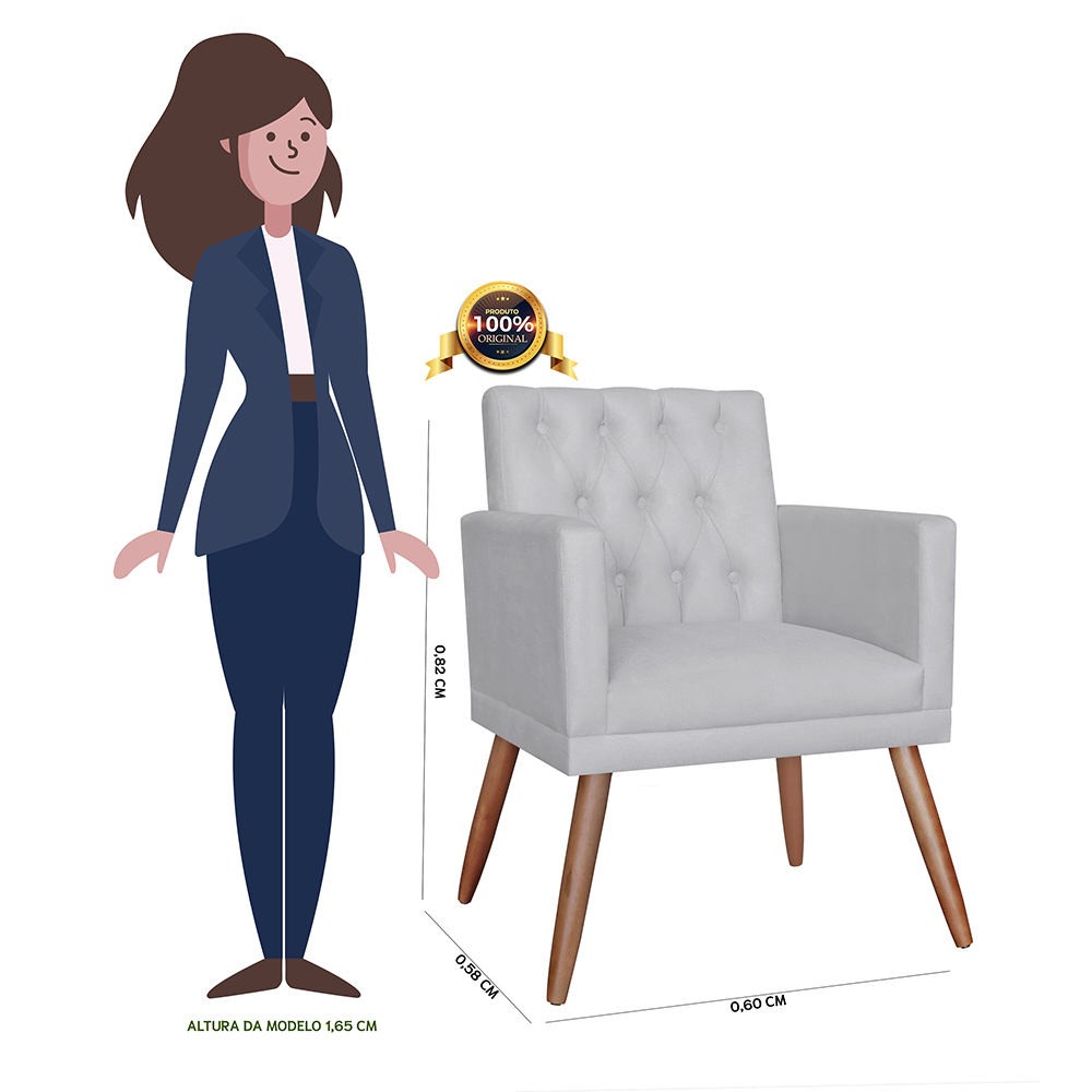 Combo 02 Poltronas Decorativa Pés Palito Nina Encosto Estilo Capitonê Branco - DS Estofados
