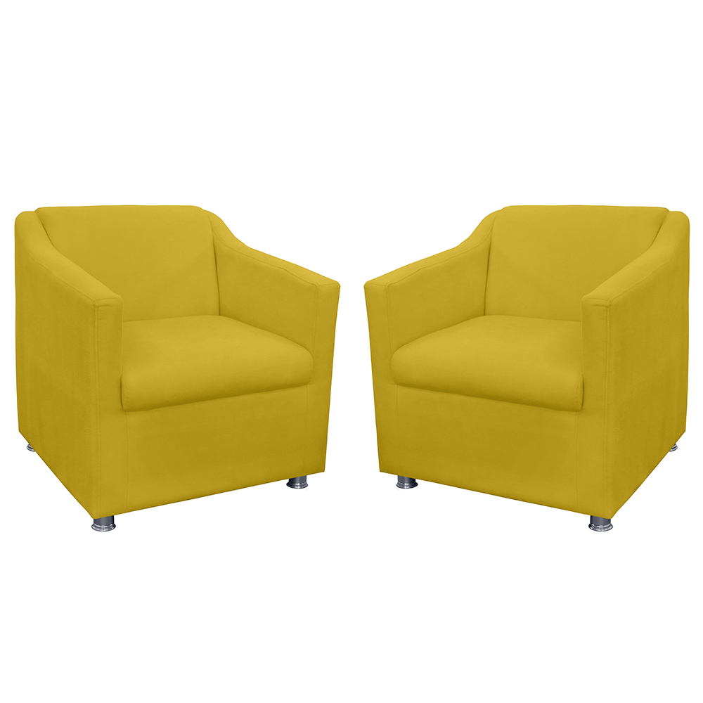 Combo 02 Poltronas Decorativa Tilla Pés Cromados Suede Amarelo - DS Estofados