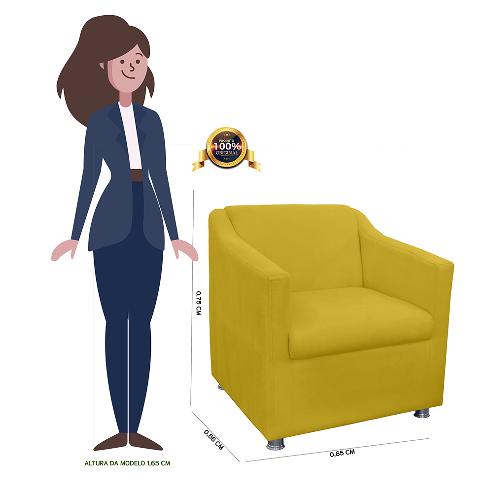 Combo 02 Poltronas Decorativa Tilla Pés Cromados Suede Amarelo - DS Estofados