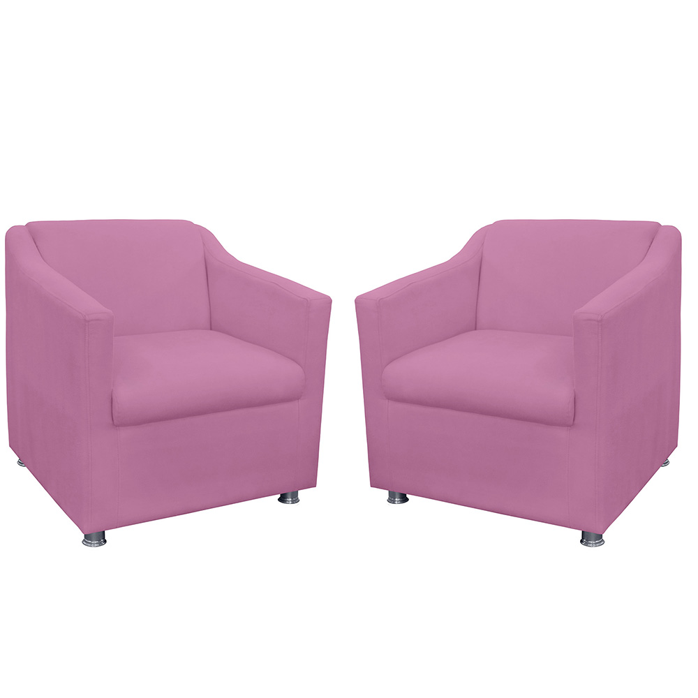 Combo 02 Poltronas Decorativa Tilla Pés Cromados Suede Rosa - DS Estofados