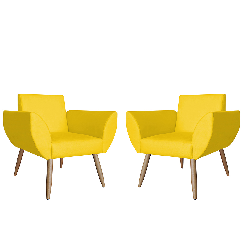 Combo 02 Poltronas Decorativas Flora Pés Palito Suede Amarelo - DS Estofados