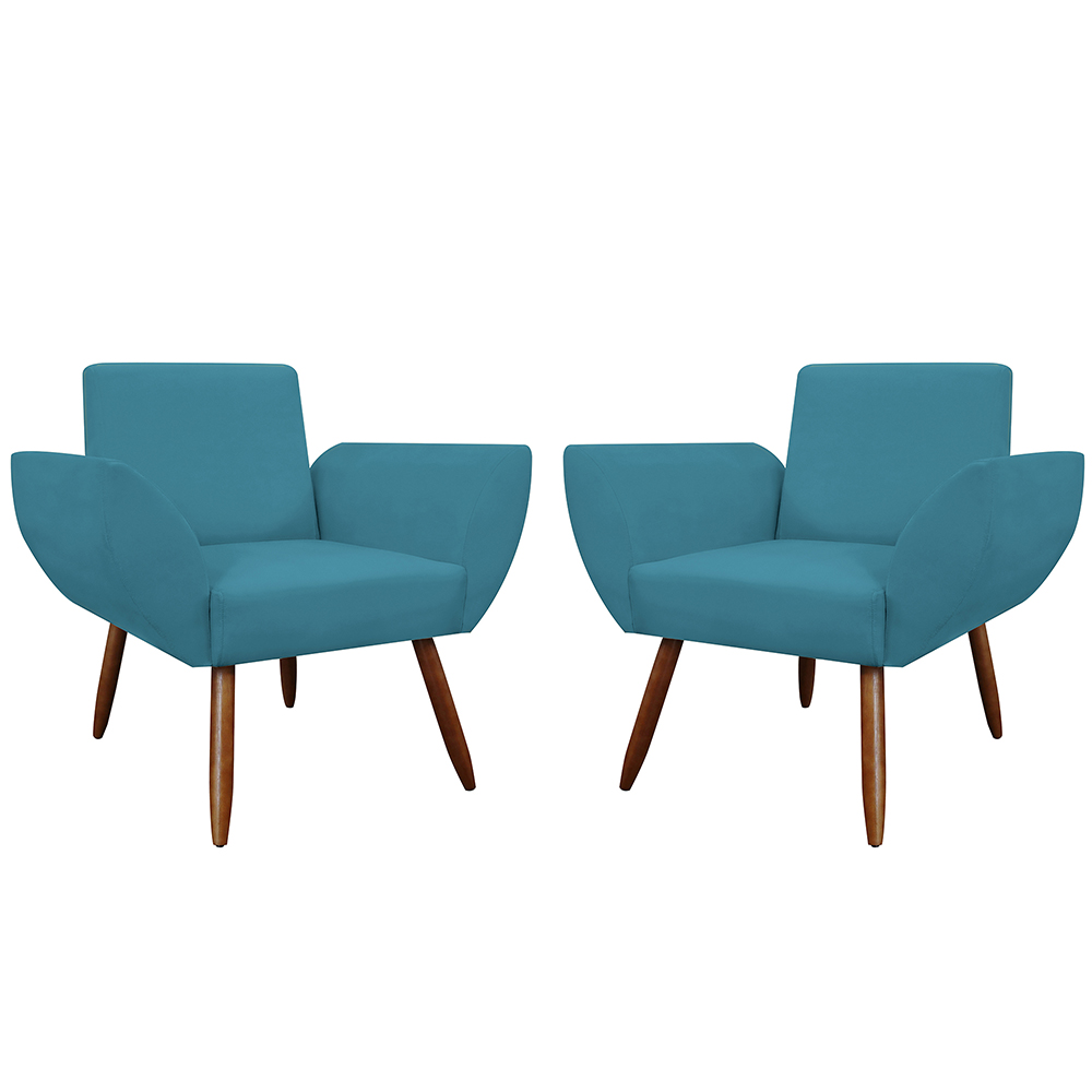 Combo 02 Poltronas Decorativas Flora Pés Palito Suede Azul Turquesa - DS Estofados