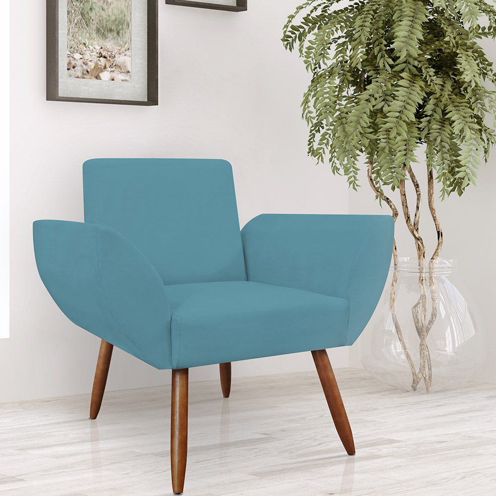 Combo 02 Poltronas Decorativas Flora Pés Palito Suede Azul Turquesa - DS Estofados