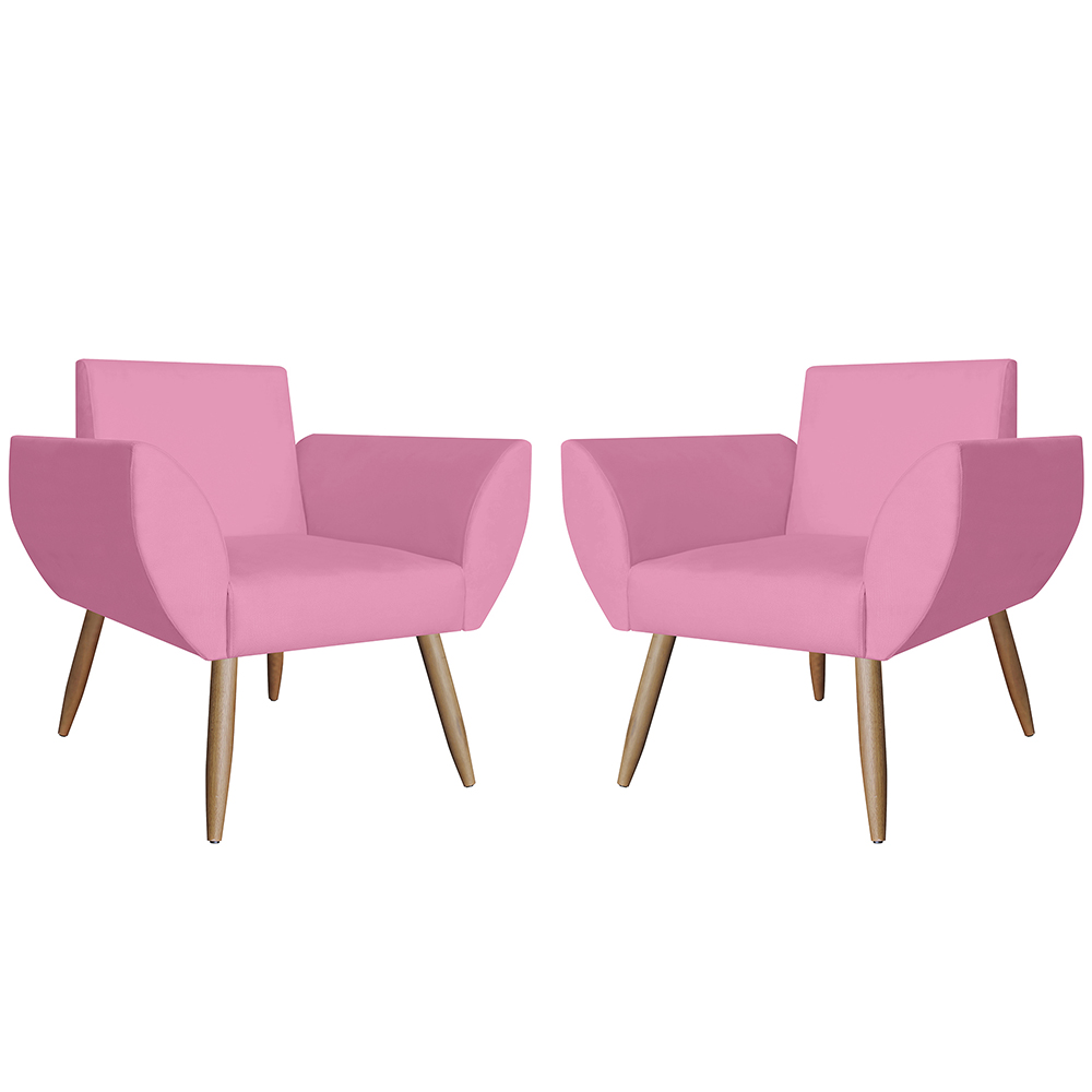 Combo 02 Poltronas Decorativas Flora Pés Palito Suede Rosa - DS Estofados