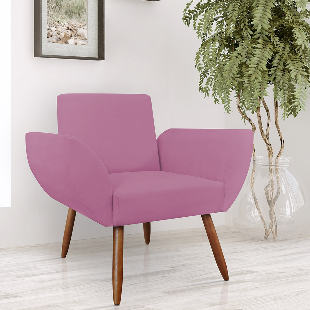 Combo 02 Poltronas Decorativas Flora Pés Palito Suede Rosa - DS Estofados
