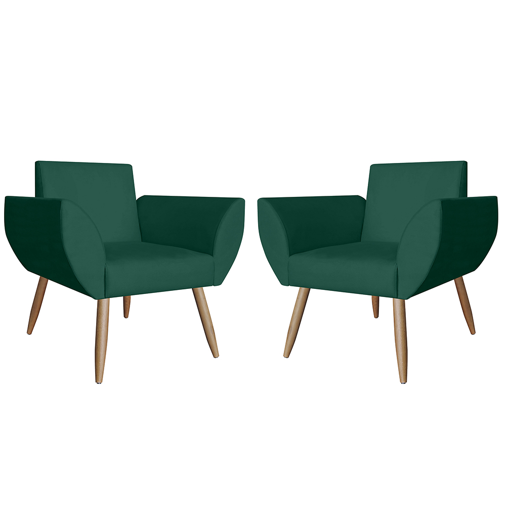 Combo 02 Poltronas Decorativas Flora Pés Palito Suede Verde - DS Estofados