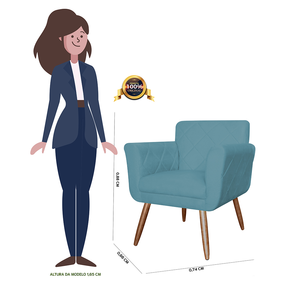 Combo 02 Poltronas Decorativas Isabela em Tressê Pés Palito Suede Azul Turquesa - DS Estofados