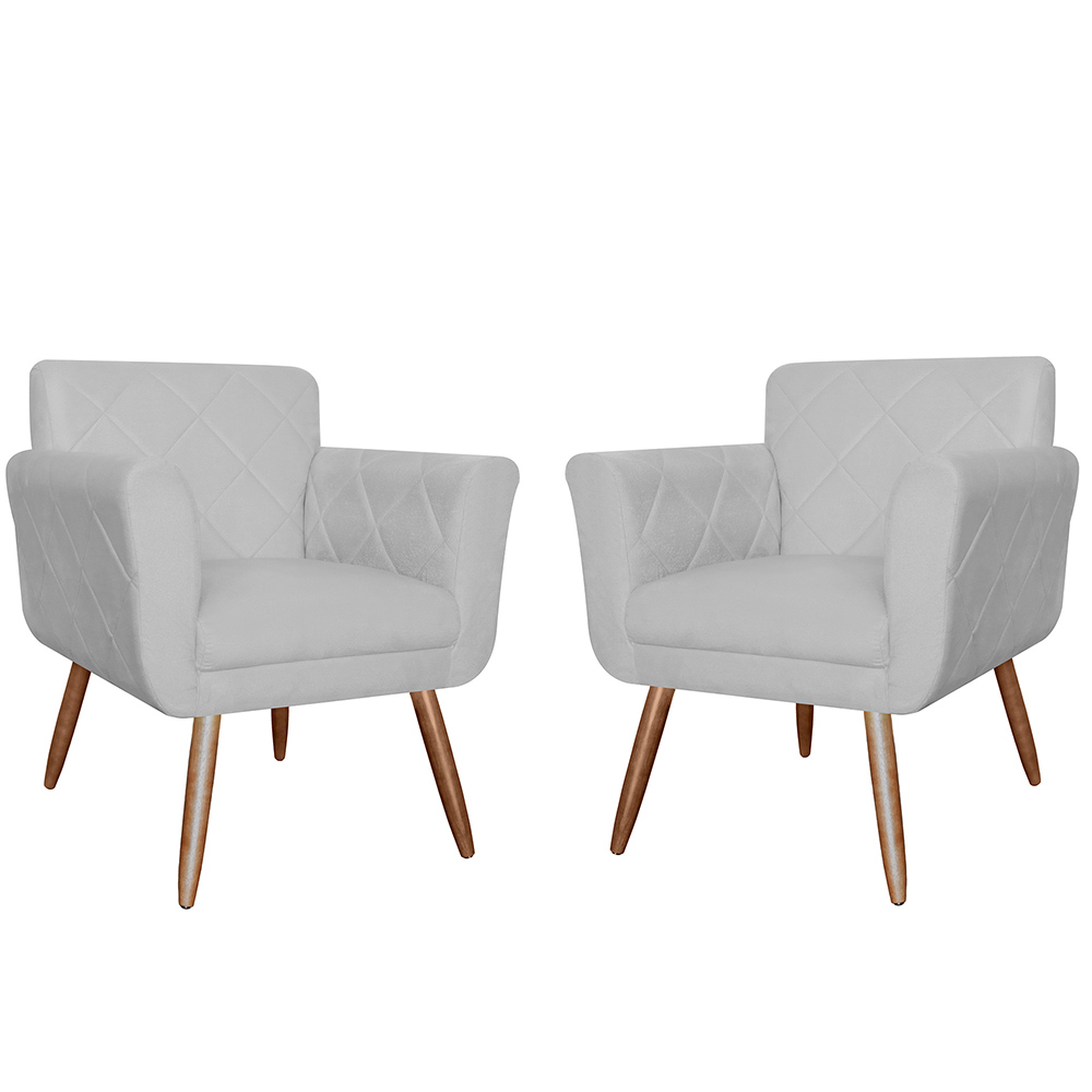Combo 02 Poltronas Decorativas Isabela em Tressê Pés Palito Suede Branco - DS Estofados