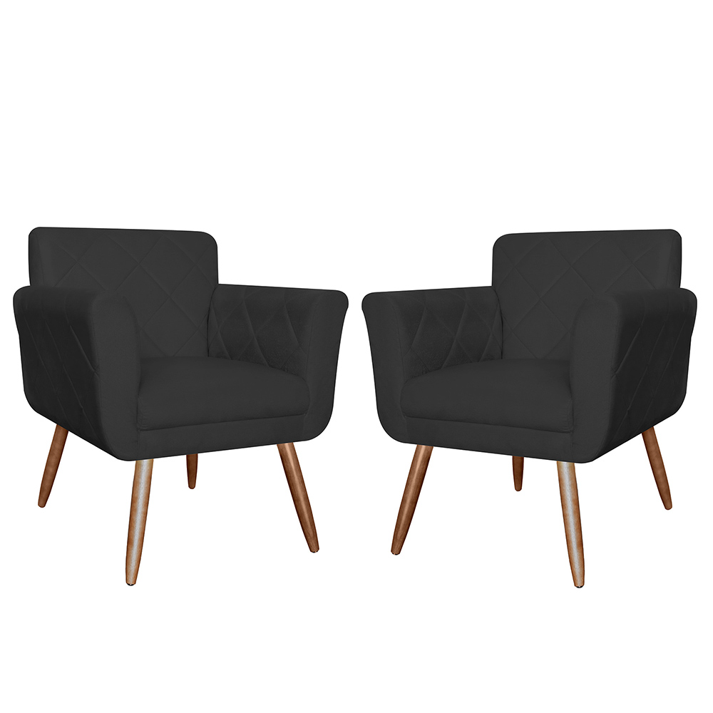 Combo 02 Poltronas Decorativas Isabela em Tressê Pés Palito Suede Preto - DS Estofados