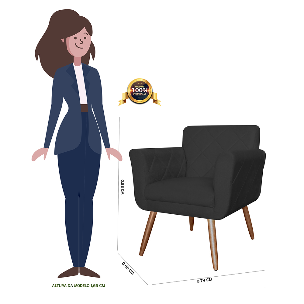 Combo 02 Poltronas Decorativas Isabela em Tressê Pés Palito Suede Preto - DS Estofados