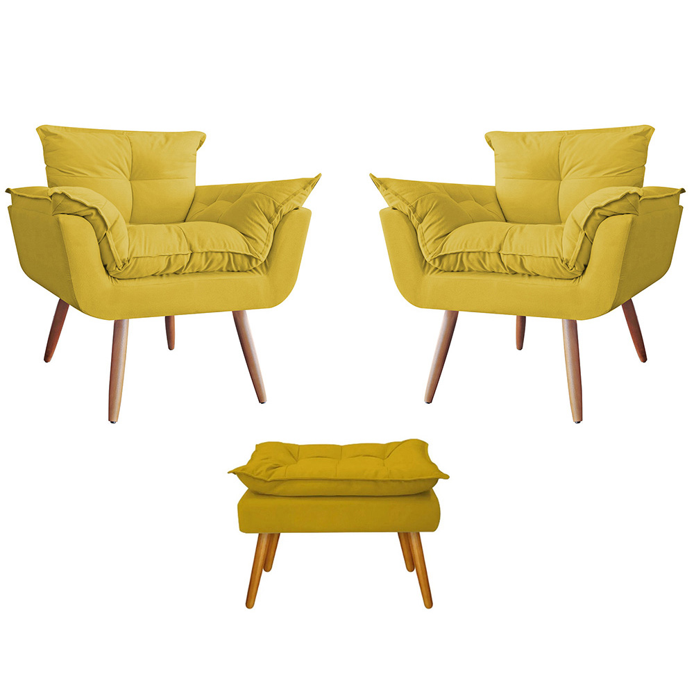 Combo 02 Poltronas decorativas mais um Puff Opalla Pés Palito Amarelo - DS Estofados