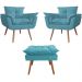 Combo 02 Poltronas decorativas mais um Puff Opalla Pés Palito Azul Turquesa - DS Estofados