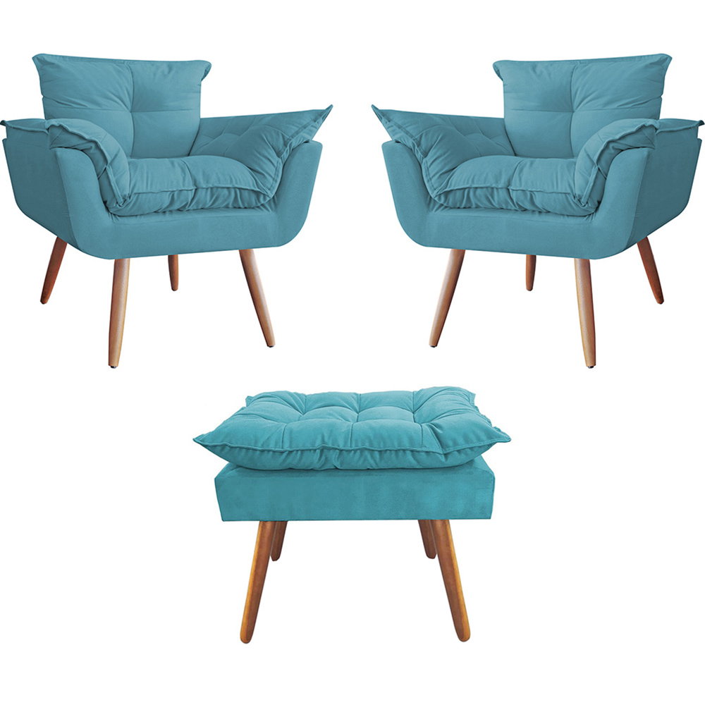 Combo 02 Poltronas decorativas mais um Puff Opalla Pés Palito Azul Turquesa - DS Estofados
