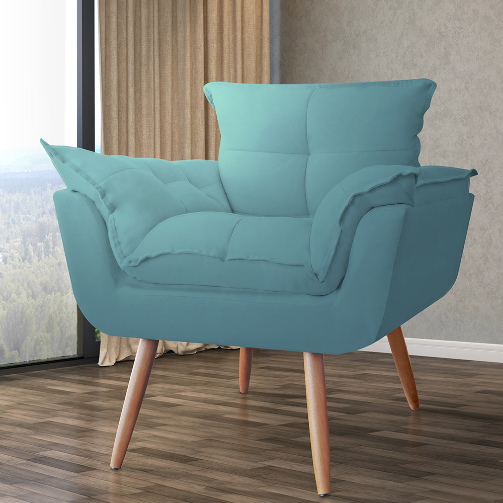 Combo 02 Poltronas decorativas mais um Puff Opalla Pés Palito Azul Turquesa - DS Estofados