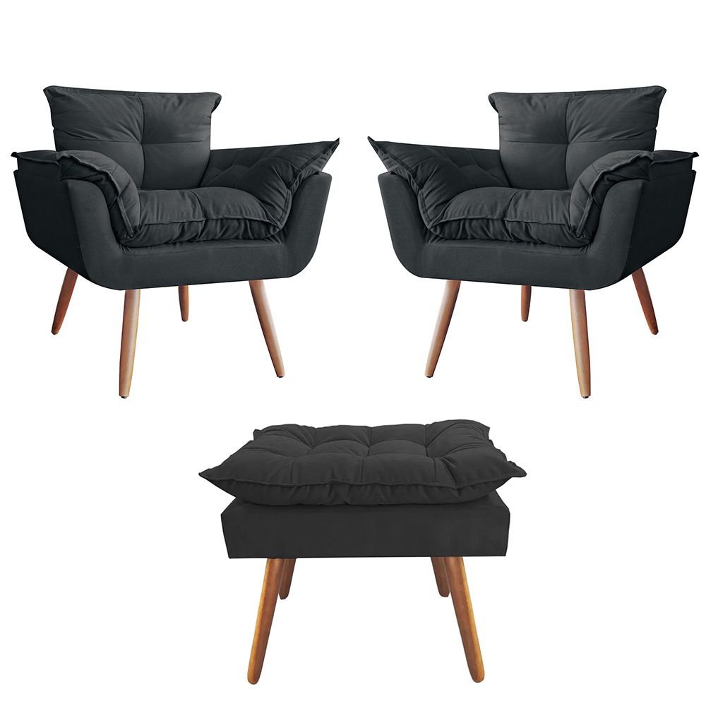 Combo 02 Poltronas decorativas mais um Puff Opalla Pés Palito Preto - DS Estofados