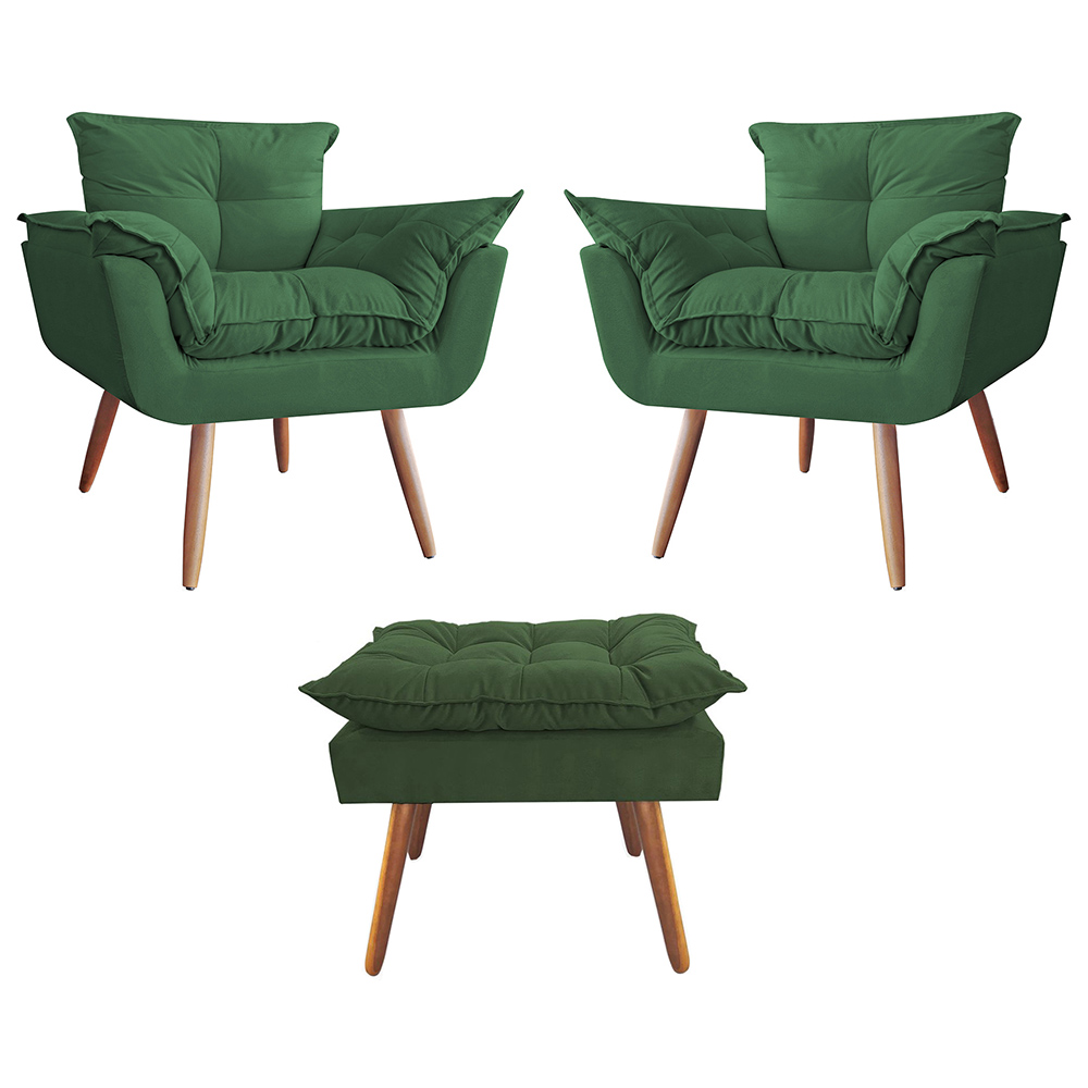 Combo 02 Poltronas decorativas mais um Puff Opalla Pés Palito Verde - DS Estofados