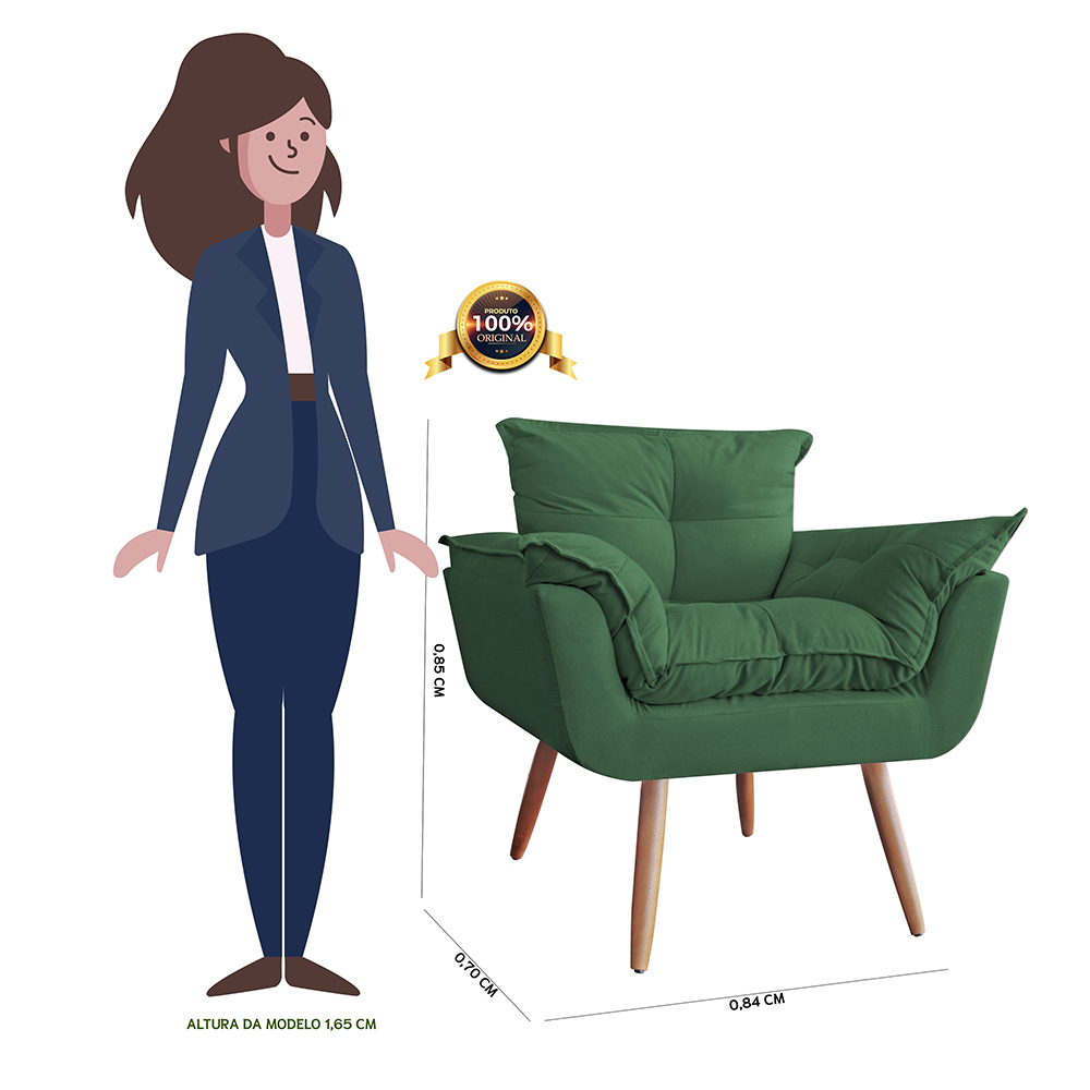 Combo 02 Poltronas decorativas mais um Puff Opalla Pés Palito Verde - DS Estofados