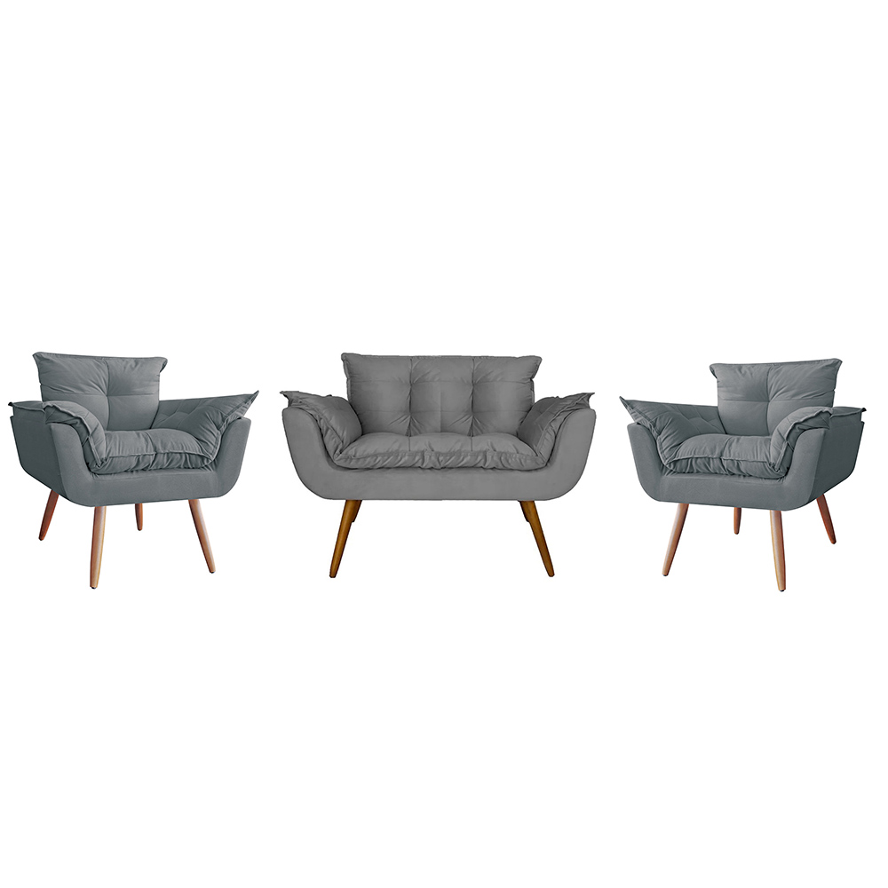 Combo 02 Poltronas decorativas mais uma Namoradeira Opalla Pés Palito Cinza - DS Estofados
