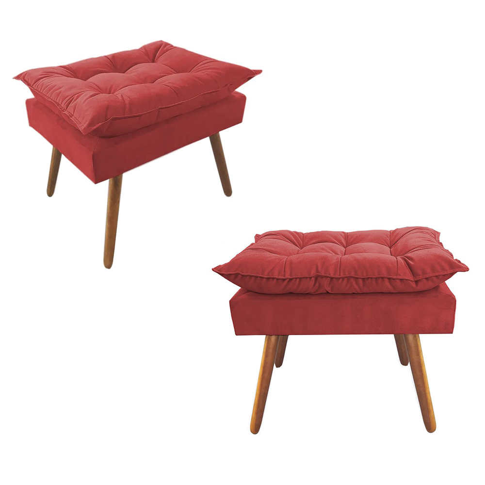 Combo 02 Puffs Decorativos Opalla Pés Palito Suede Vermelho - DS Estofados