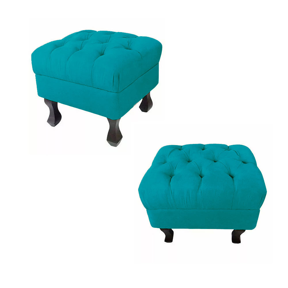 Combo 02 Puffs Fixo Retrô Luis Xv Capitonê Suede Azul Turquesa - DS Estofados