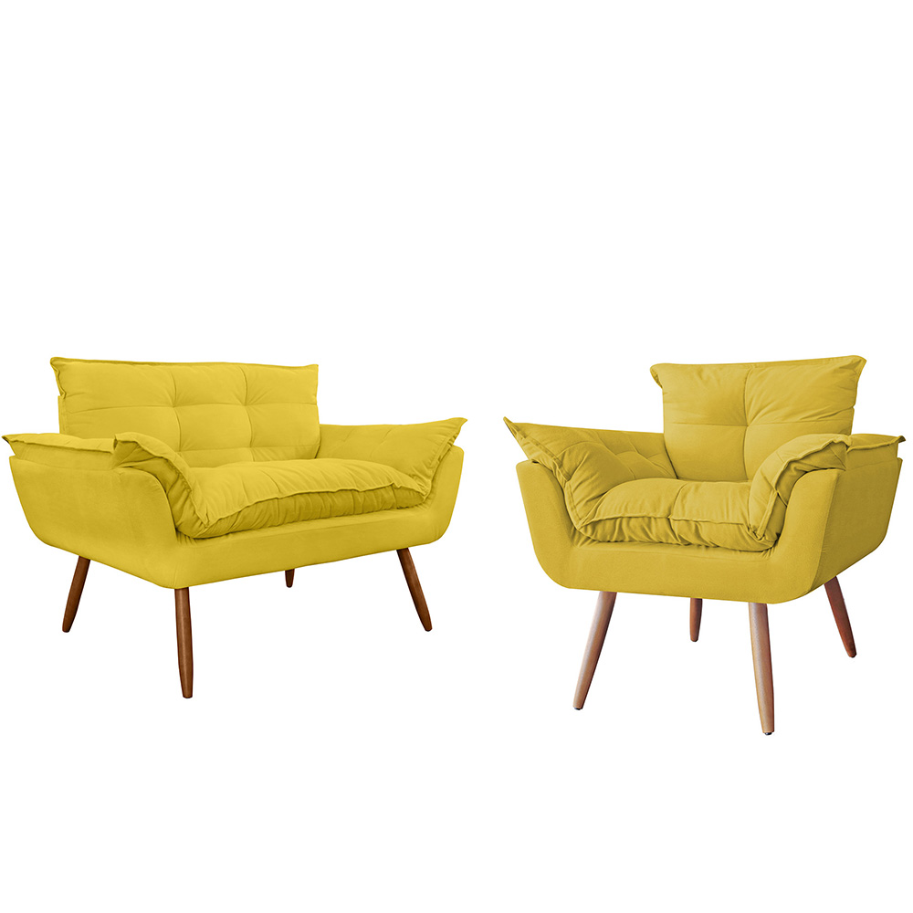 Combo Namoradeira Sofá 02 lugares mais 01 Poltrona decorativa Opalla Pés Palito Amarelo - DS Estofados