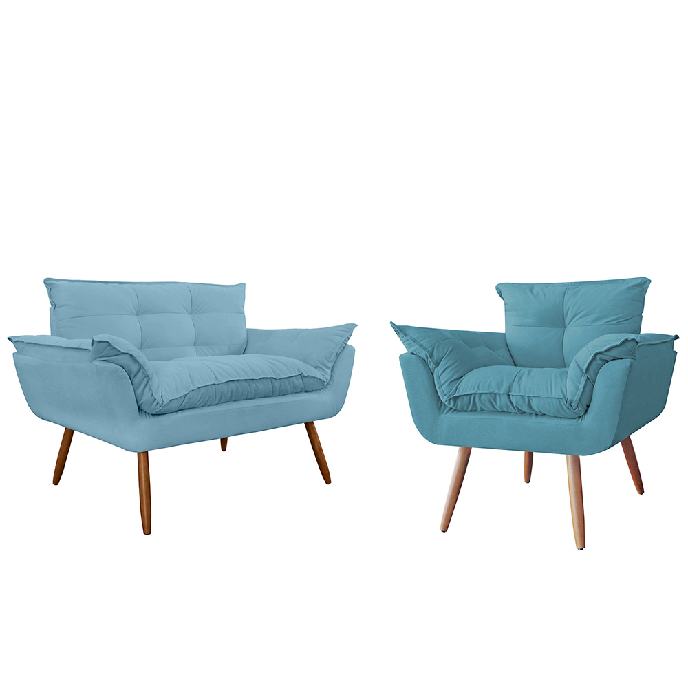 Combo Namoradeira Sofá 02 lugares mais 01 Poltrona decorativa Opalla Pés Palito Azul Turquesa - DS Estofados