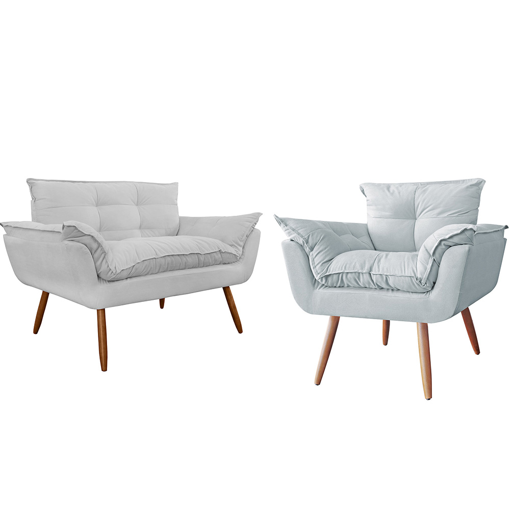 Combo Namoradeira Sofá 02 lugares mais 01 Poltrona decorativa Opalla Pés Palito Branco - DS Estofados