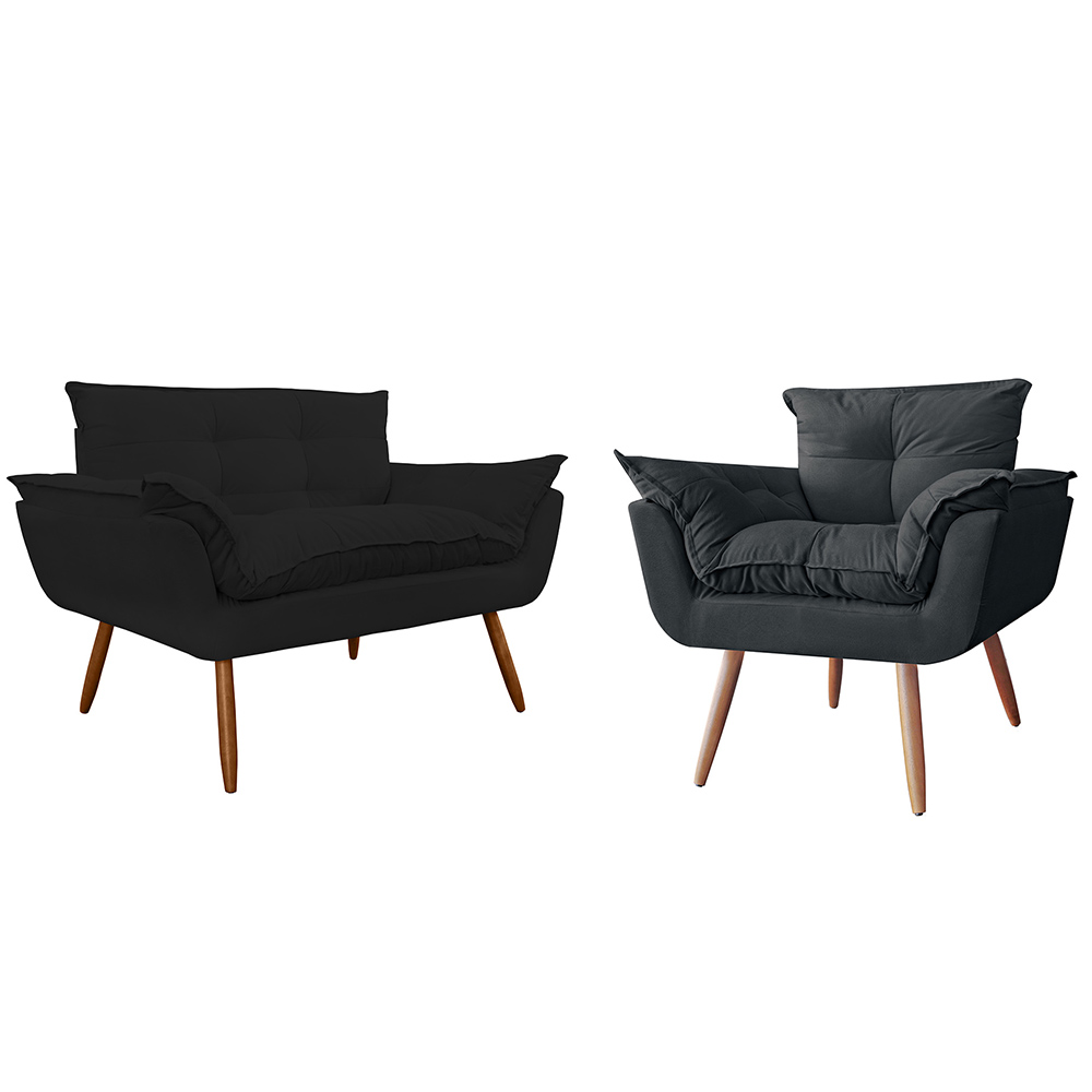 Combo Namoradeira Sofá 02 lugares mais 01 Poltrona decorativa Opalla Pés Palito Preto - DS Estofados