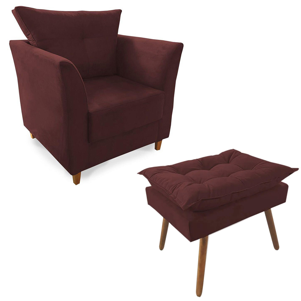 Combo Poltrona Decorativa Isis Mais Puff Opalla Suede Bordô - DS Estofados