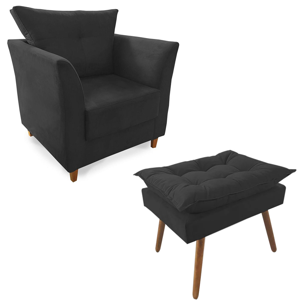 Combo Poltrona Decorativa Isis Mais Puff Opalla Suede Preto - DS Estofados