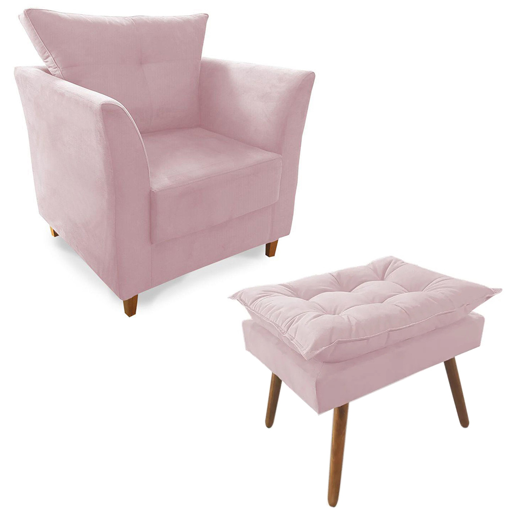 Combo Poltrona Decorativa Isis Mais Puff Opalla Suede Rosa - DS Estofados