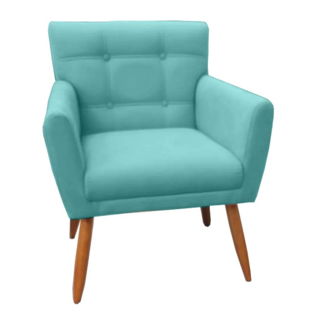 Combo Poltrona Decorativa Onix Mais Puff Redondo Suede Azul Turquesa - DS Estofados