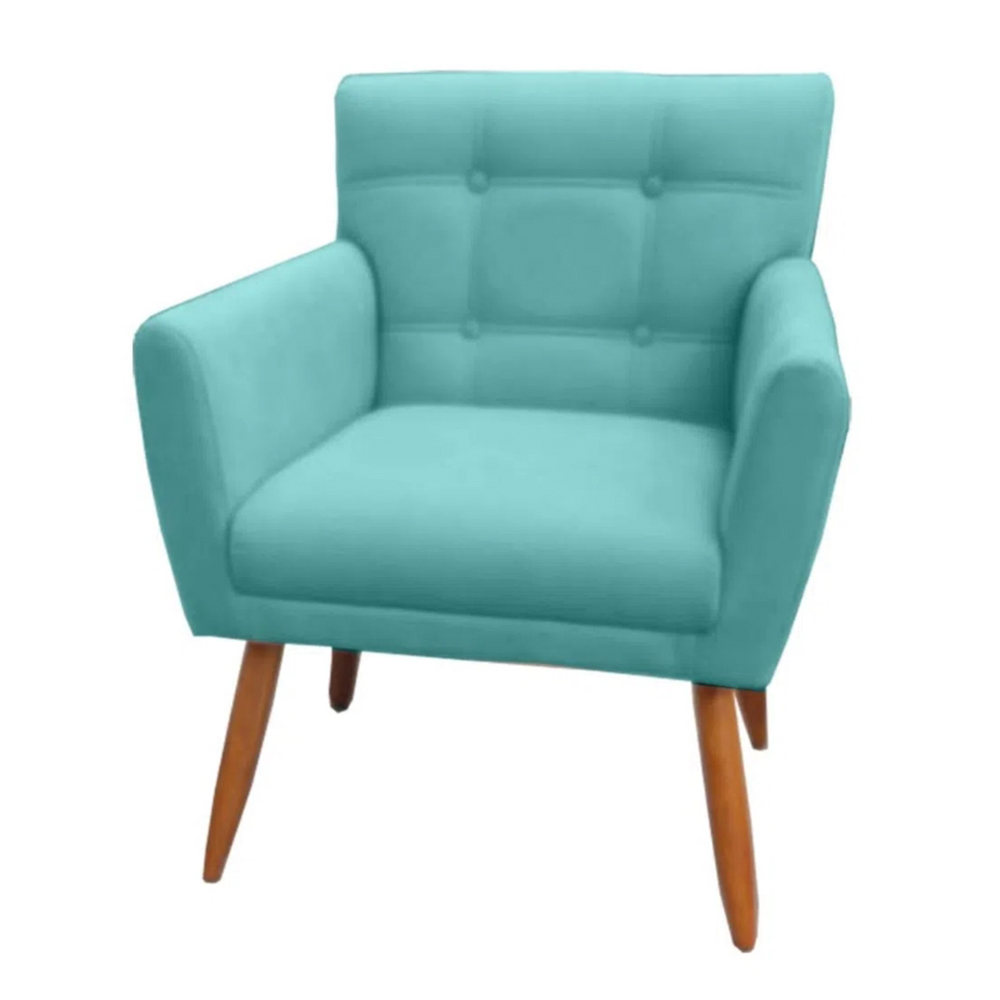 Combo Poltrona Decorativa Onix Mais Puff Redondo Suede Azul Turquesa - DS Estofados