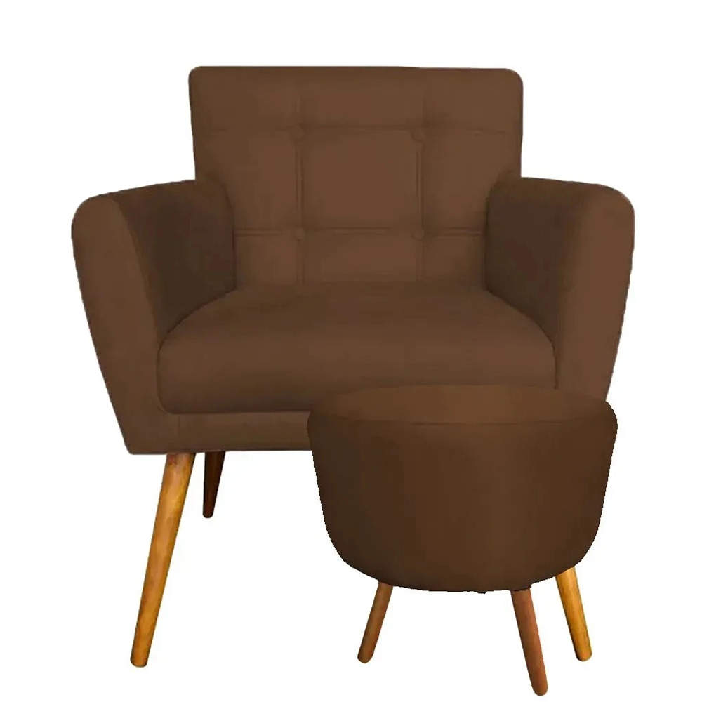 Combo Poltrona Decorativa Onix Mais Puff Redondo Suede Marrom - DS Estofados