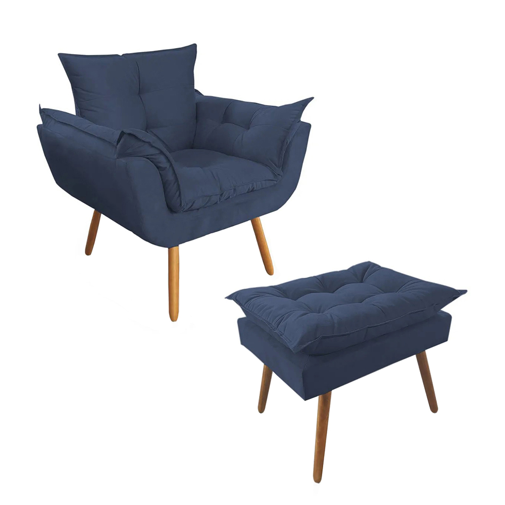 Combo Poltrona Decorativa Opalla Mais Puff Pés Palito Suede Azul Marinho - DS Estofados