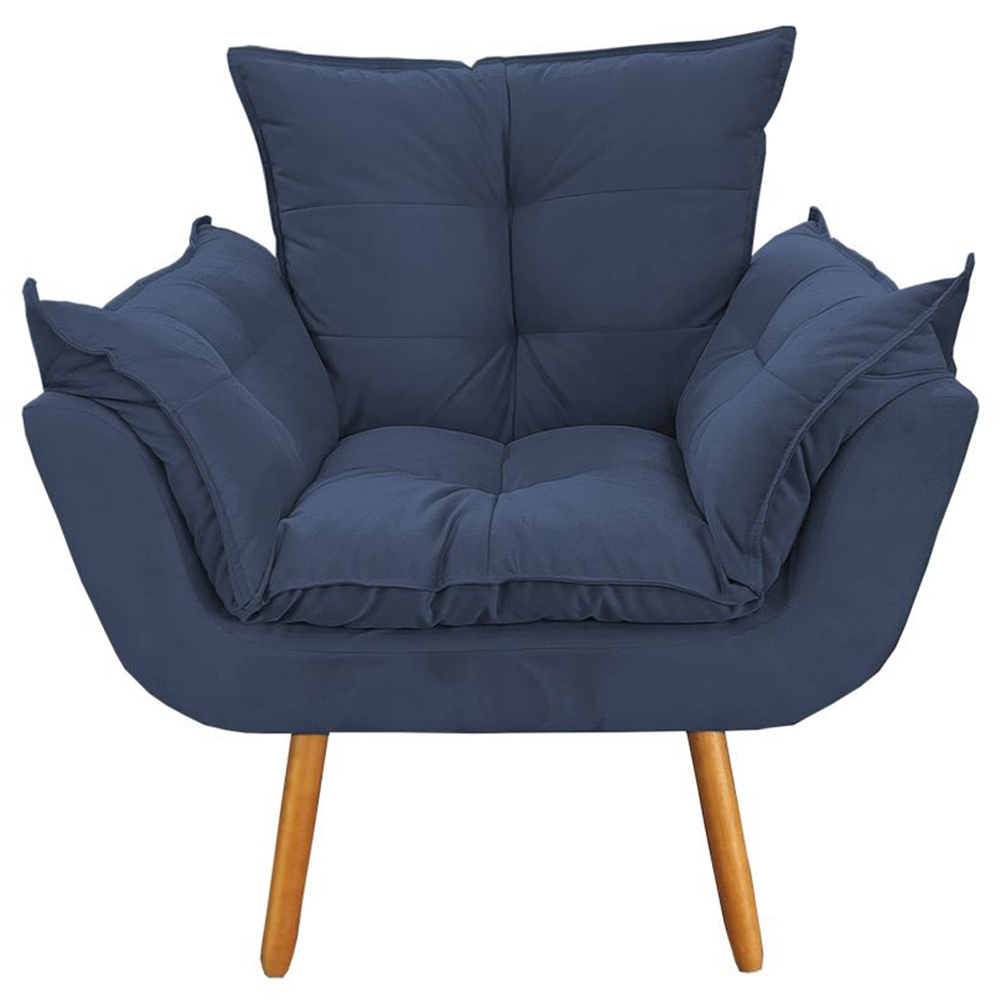 Combo Poltrona Decorativa Opalla Mais Puff Pés Palito Suede Azul Marinho - DS Estofados