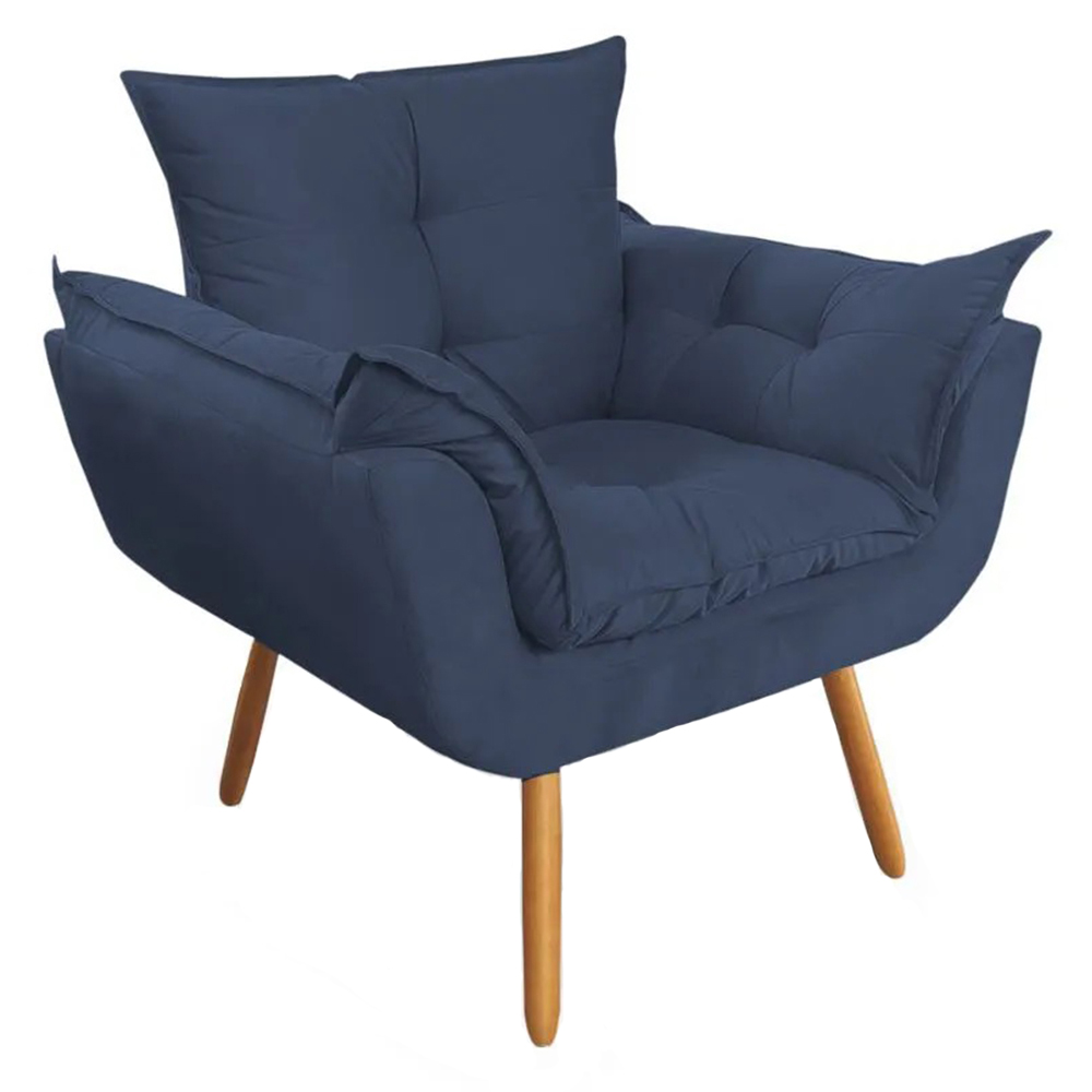 Combo Poltrona Decorativa Opalla Mais Puff Pés Palito Suede Azul Marinho - DS Estofados