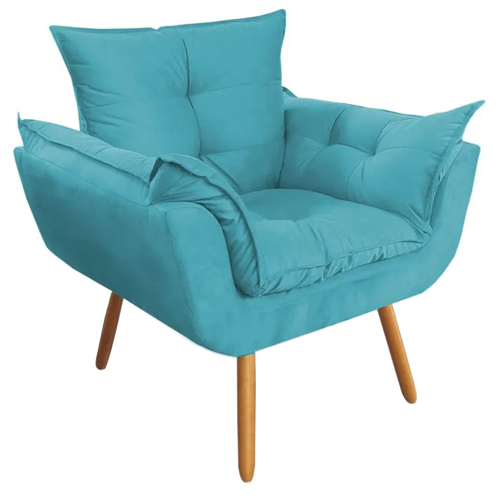 Combo Poltrona Decorativa Opalla Mais Puff Pés Palito Suede Azul Turquesa - DS Estofados